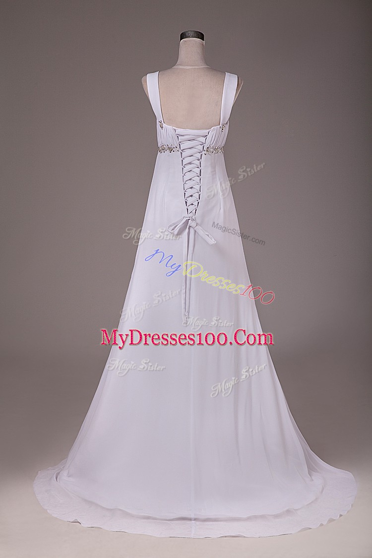 Wonderful Lace Up Wedding Dresses White for Wedding Party with Beading Brush Train