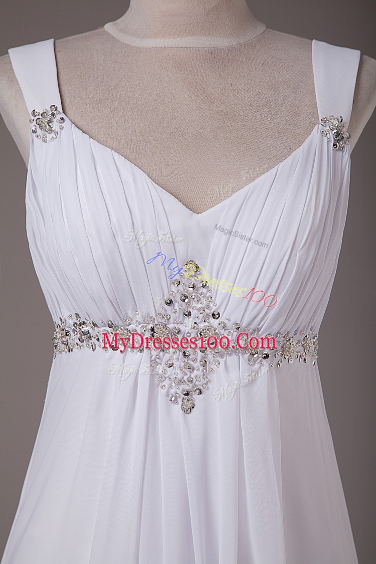 Wonderful Lace Up Wedding Dresses White for Wedding Party with Beading Brush Train