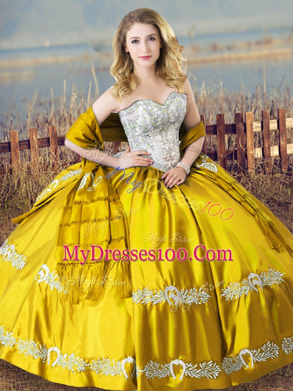 Floor Length Gold Sweet 16 Dresses Satin Sleeveless Beading and Embroidery