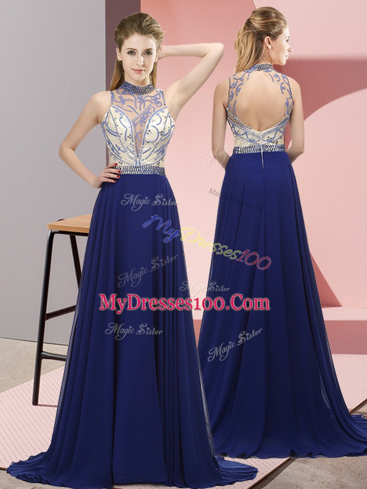 Exquisite Royal Blue Chiffon Backless Evening Dress Sleeveless Brush Train Beading