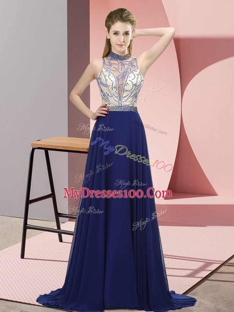 Exquisite Royal Blue Chiffon Backless Evening Dress Sleeveless Brush Train Beading