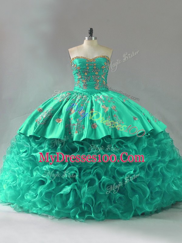 Artistic Green Ball Gowns Fabric With Rolling Flowers Sweetheart Sleeveless Embroidery and Ruffles Lace Up Quinceanera Dress Court Train