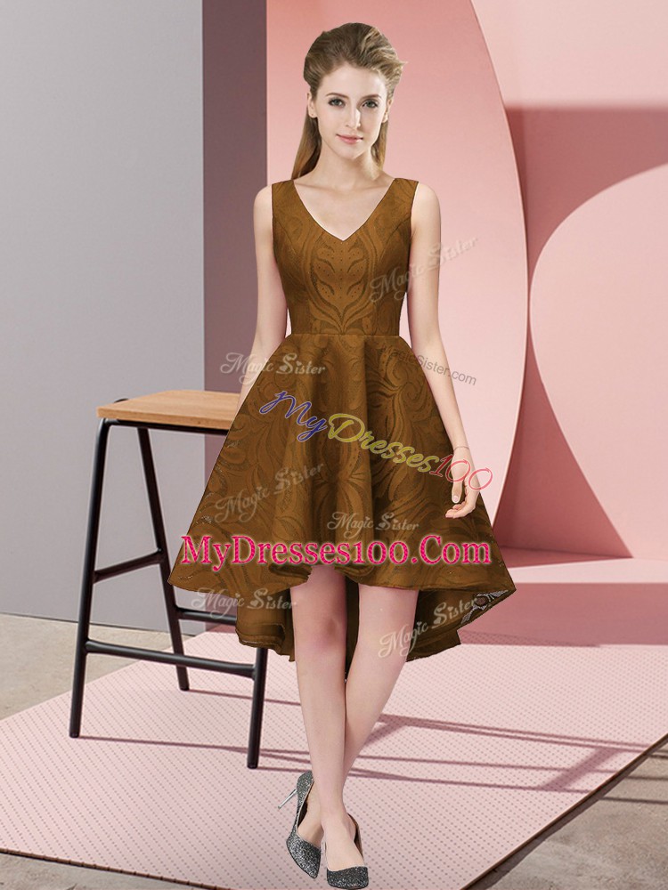 High Low Zipper Bridesmaids Dress Brown for Wedding Party with Lace