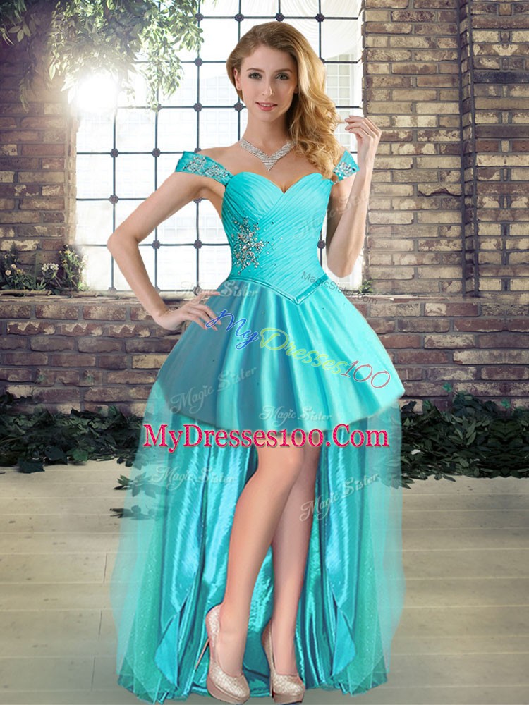 Off The Shoulder Sleeveless Homecoming Dress High Low Beading Aqua Blue Tulle