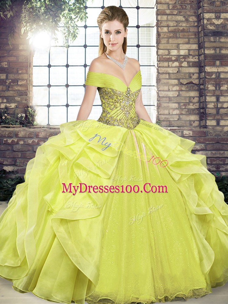 Most Popular Floor Length Lace Up 15th Birthday Dress Yellow for Military Ball and Sweet 16 and Quinceanera with Beading and Ruffles