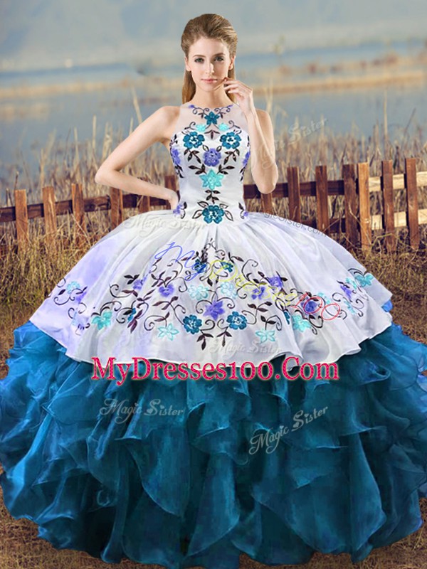 Modest Blue And White Sleeveless Embroidery Floor Length Quinceanera Gowns