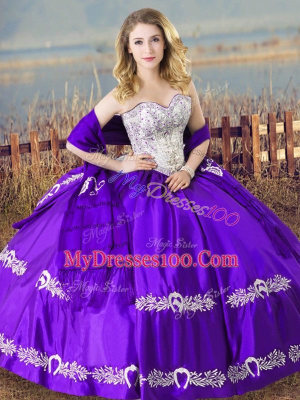 Dramatic Sleeveless Satin Floor Length Lace Up Sweet 16 Dress in Eggplant Purple with Beading and Embroidery