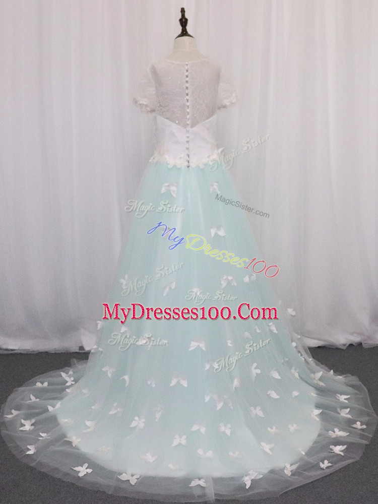 Modest Short Sleeves Brush Train Appliques Clasp Handle Flower Girl Dresses