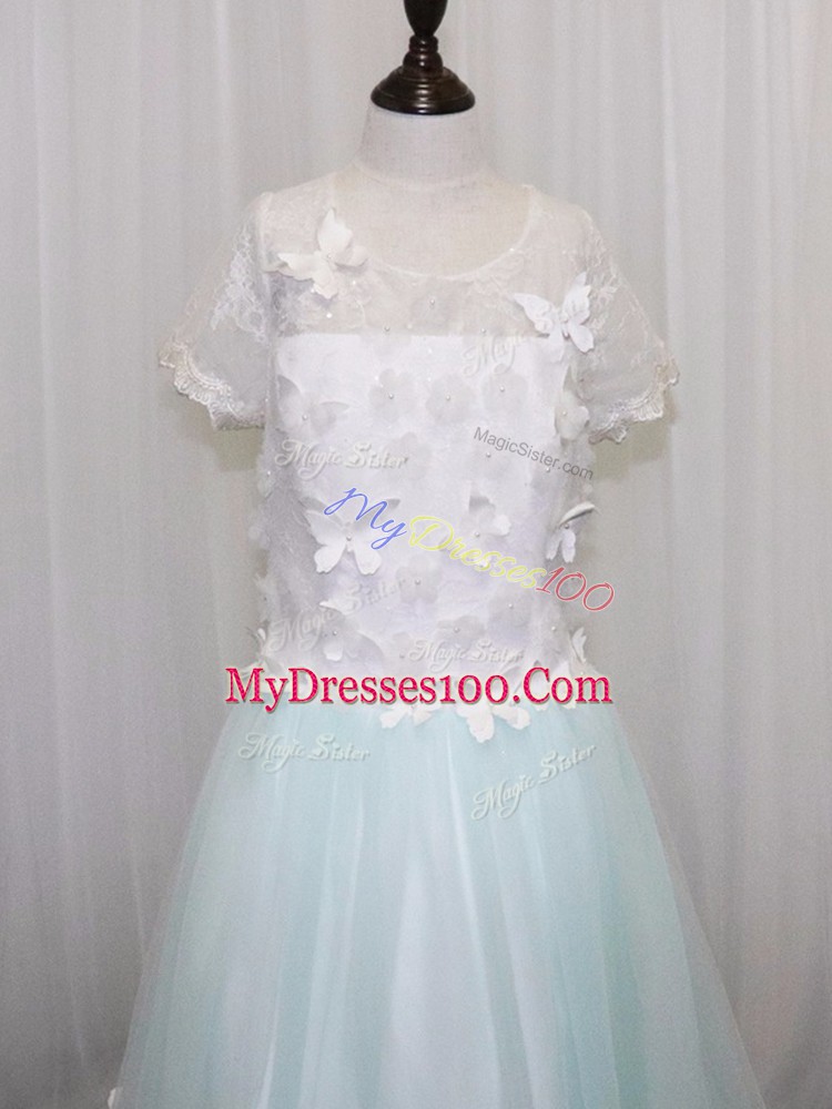 Modest Short Sleeves Brush Train Appliques Clasp Handle Flower Girl Dresses