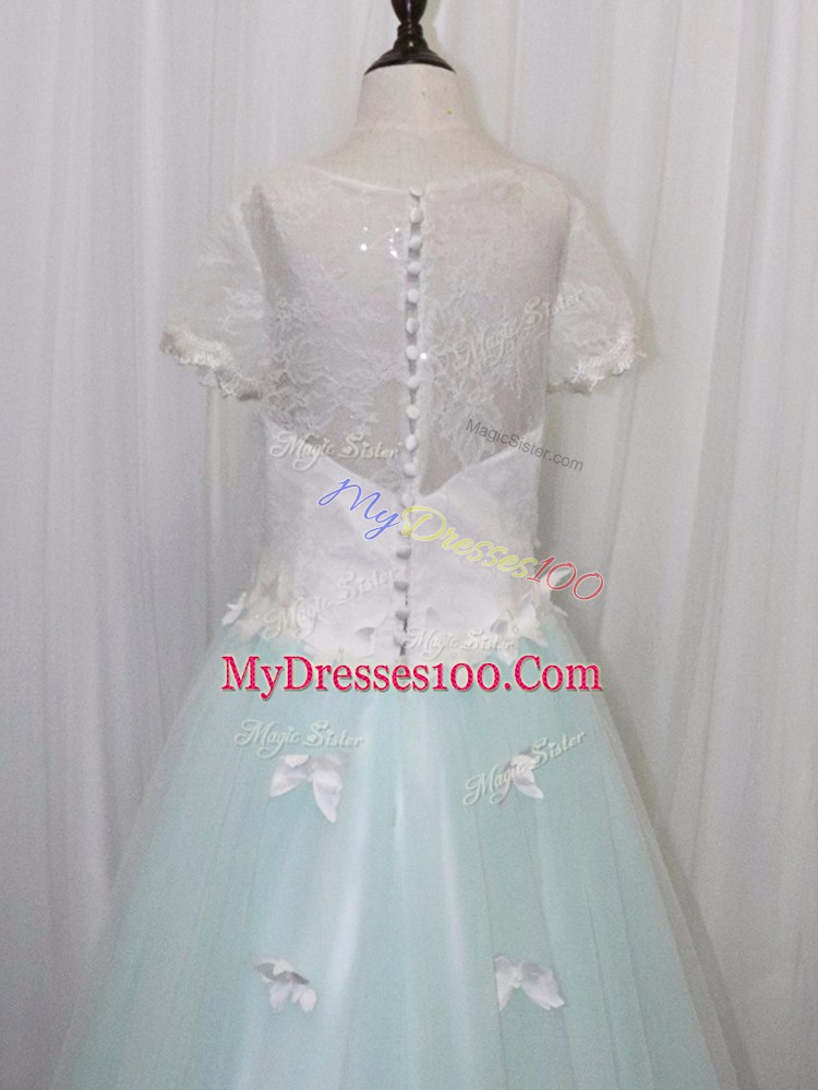 Modest Short Sleeves Brush Train Appliques Clasp Handle Flower Girl Dresses