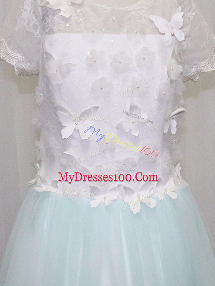 Modest Short Sleeves Brush Train Appliques Clasp Handle Flower Girl Dresses