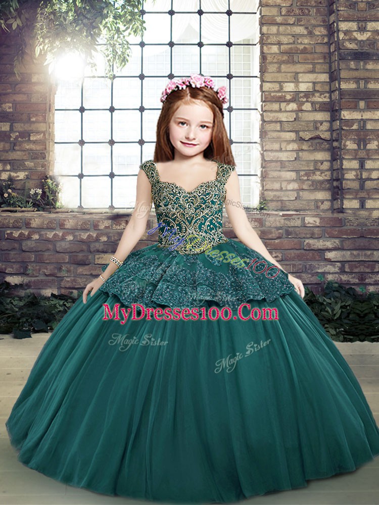 Dazzling Ball Gowns Pageant Dress for Girls Teal Straps Tulle Sleeveless Floor Length Side Zipper
