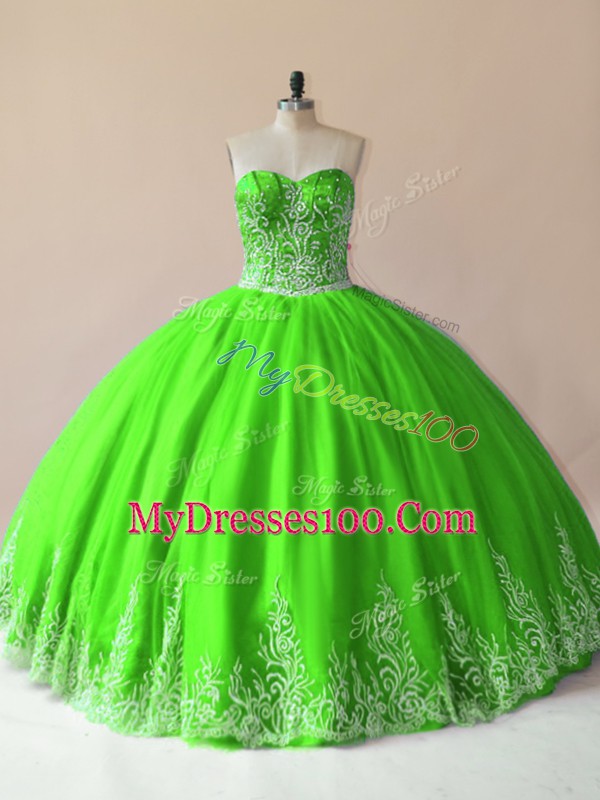 Pretty Tulle Lace Up Sweetheart Sleeveless Floor Length Sweet 16 Dress Embroidery