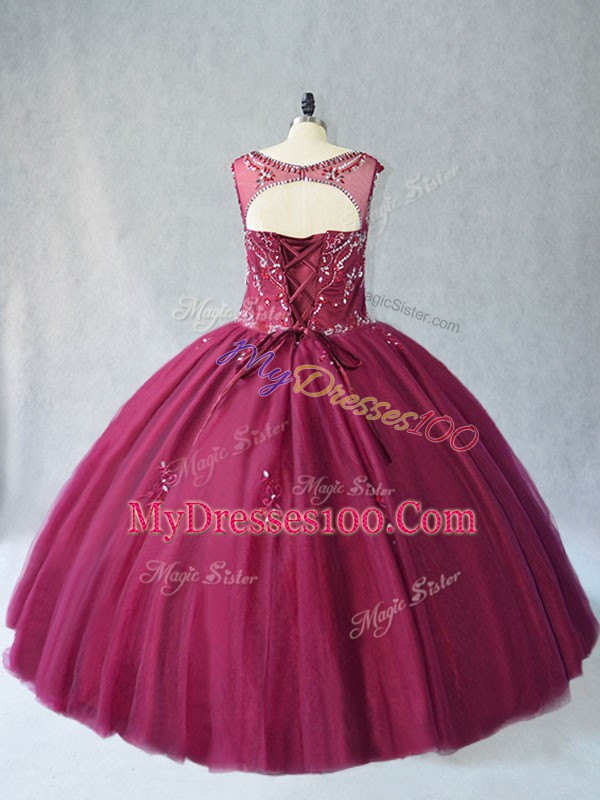 Modern Burgundy Sweet 16 Dress Sweet 16 and Quinceanera with Beading Scoop Sleeveless Lace Up