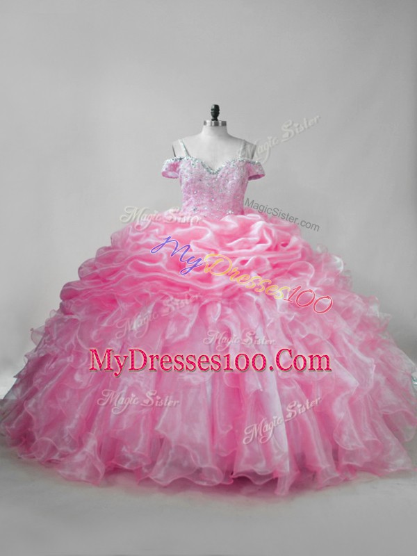 Custom Fit Pink Lace Up Quinceanera Dress Beading and Ruffles and Pick Ups Sleeveless Brush Train