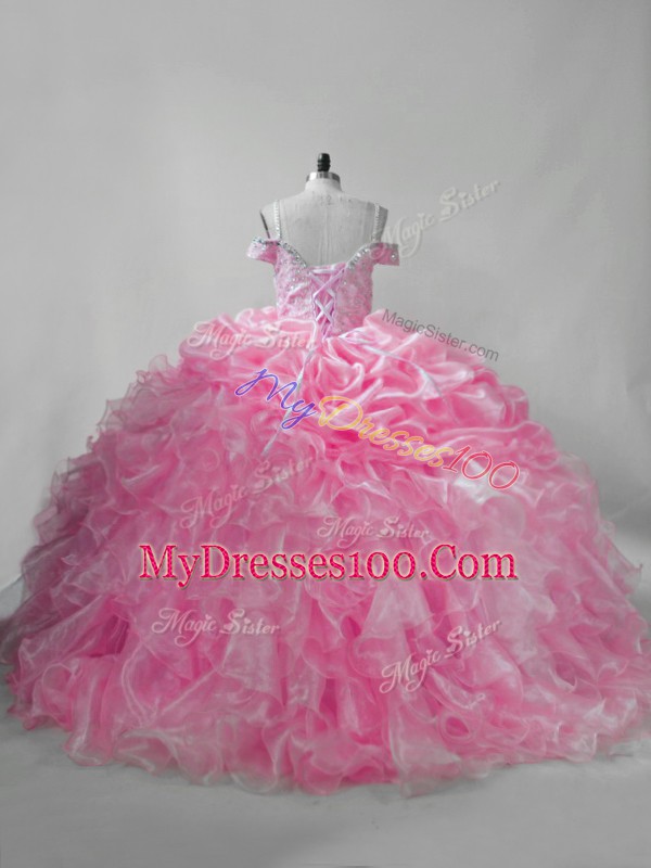 Custom Fit Pink Lace Up Quinceanera Dress Beading and Ruffles and Pick Ups Sleeveless Brush Train
