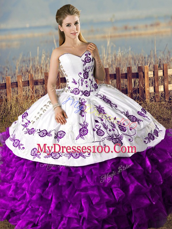 White And Purple Ball Gowns Sweetheart Sleeveless Organza Floor Length Lace Up Embroidery and Ruffles Quinceanera Dress