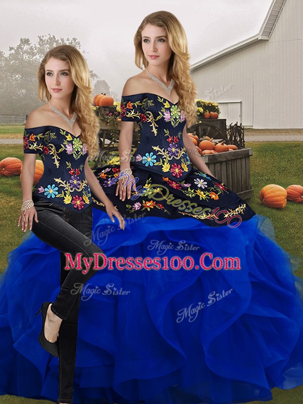 Great Blue And Black Tulle Lace Up Off The Shoulder Sleeveless Floor Length 15 Quinceanera Dress Embroidery and Ruffles