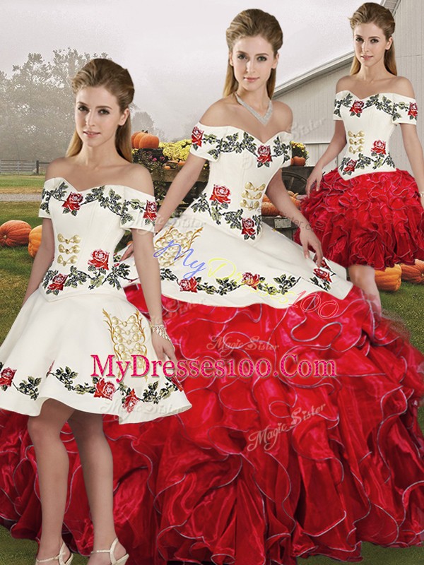 Lovely Ball Gowns Sweet 16 Dress White And Red Off The Shoulder Organza Sleeveless Floor Length Lace Up