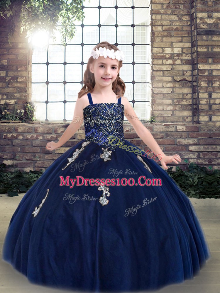 Floor Length Navy Blue Pageant Gowns For Girls Straps Sleeveless Lace Up