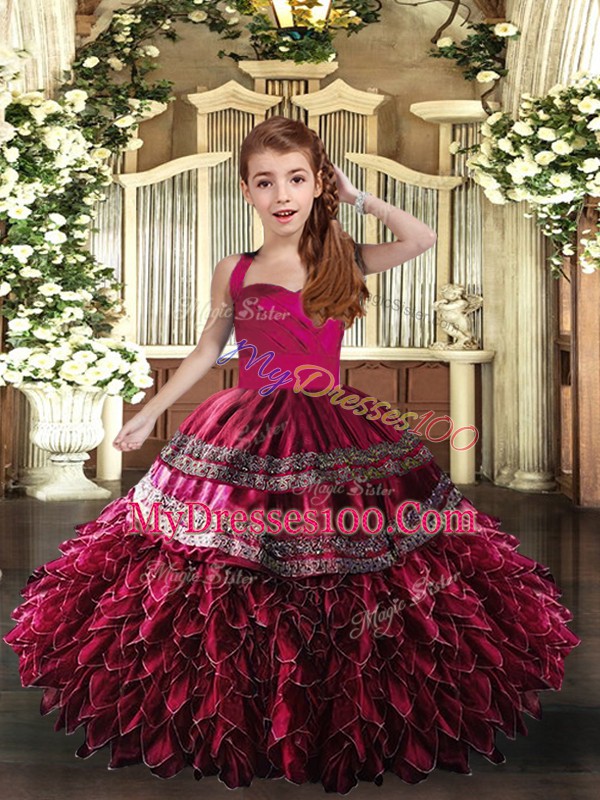 Straps Sleeveless Lace Up Girls Pageant Dresses Hot Pink and Fuchsia Organza
