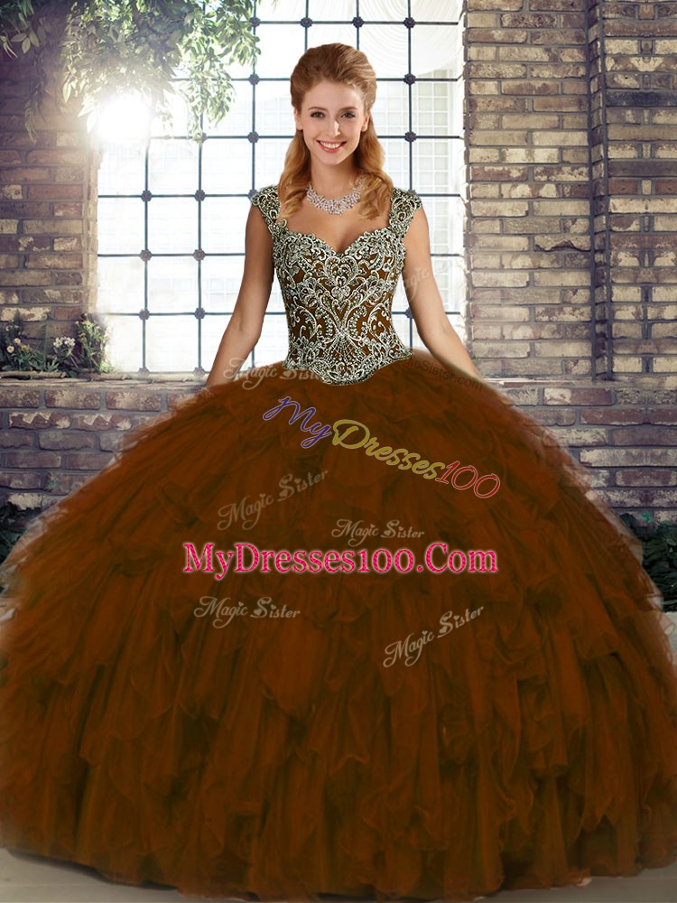 Floor Length Brown Quinceanera Dress Organza Sleeveless Beading and Ruffles
