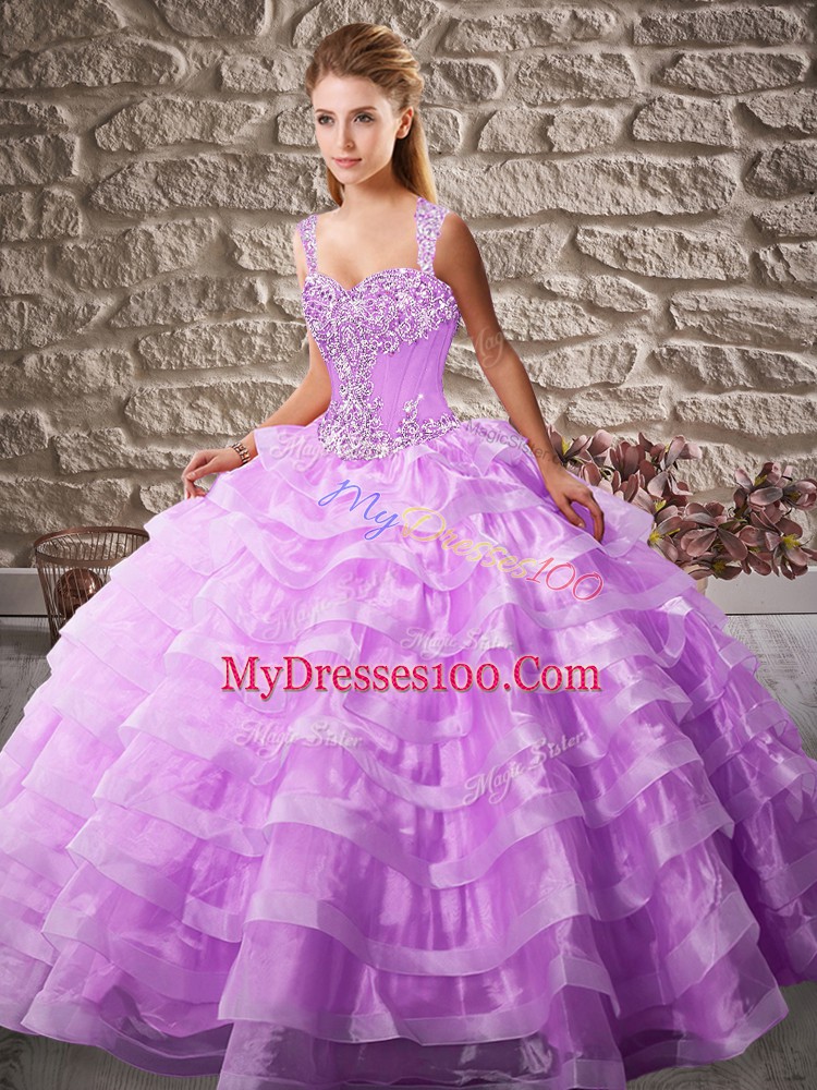 Fine Lilac Ball Gowns Organza Straps Sleeveless Beading and Ruffled Layers Floor Length Lace Up Ball Gown Prom Dress