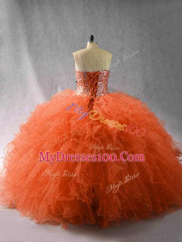 Sleeveless Tulle Floor Length Lace Up Quince Ball Gowns in Orange Red with Beading and Ruffles