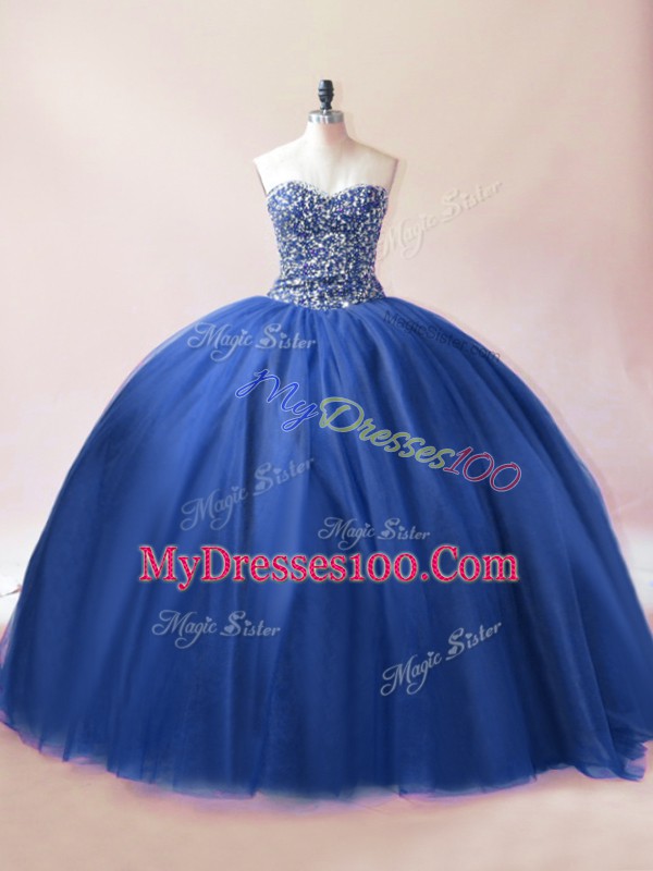 Fashionable Blue Sweetheart Neckline Beading Quinceanera Gowns Sleeveless Lace Up