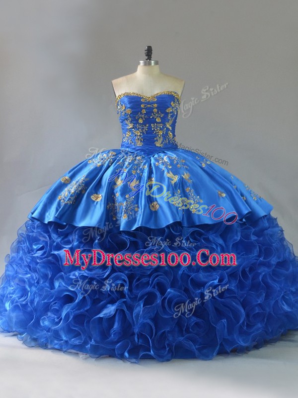 Royal Blue Sleeveless Embroidery and Ruffles Lace Up Sweet 16 Dresses