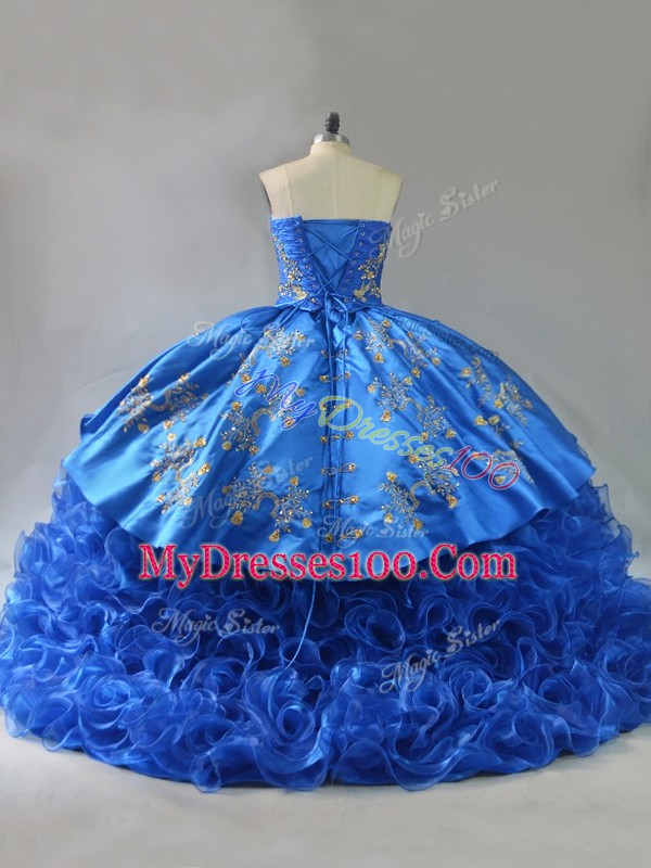 Royal Blue Sleeveless Embroidery and Ruffles Lace Up Sweet 16 Dresses