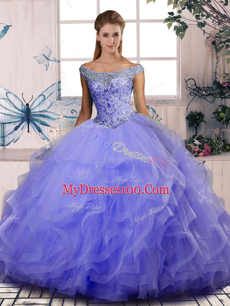 Beading and Ruffles Sweet 16 Quinceanera Dress Lavender Lace Up Sleeveless Floor Length