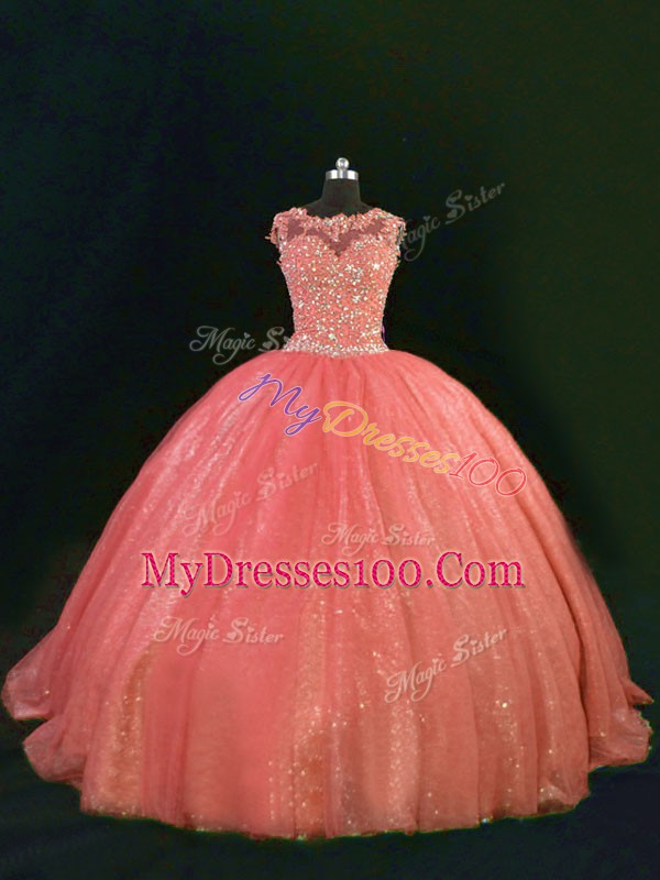 Low Price Orange Sleeveless Tulle Lace Up Quinceanera Dresses for Sweet 16 and Quinceanera