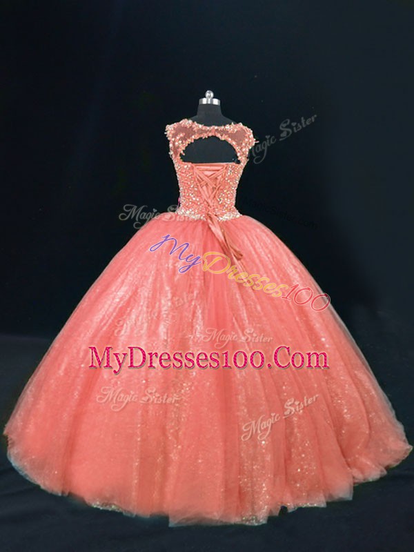 Low Price Orange Sleeveless Tulle Lace Up Quinceanera Dresses for Sweet 16 and Quinceanera