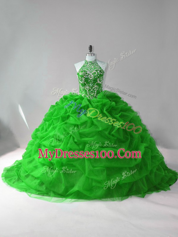 Lovely Organza Halter Top Sleeveless Court Train Lace Up Beading and Pick Ups Sweet 16 Dress in Green