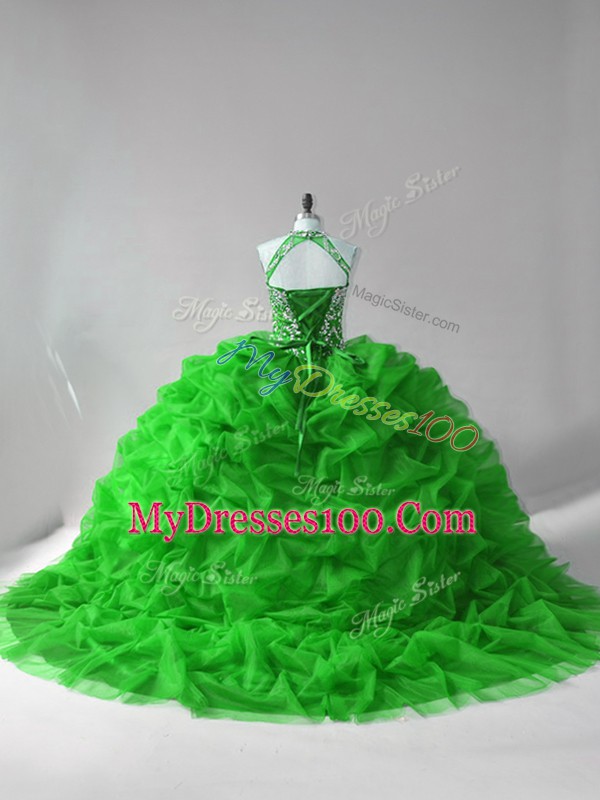 Lovely Organza Halter Top Sleeveless Court Train Lace Up Beading and Pick Ups Sweet 16 Dress in Green