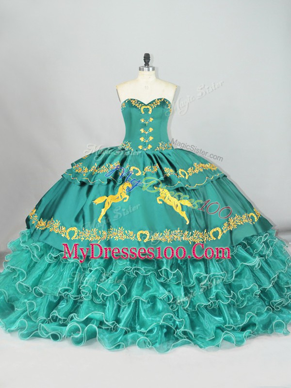 Beautiful Sleeveless Brush Train Lace Up Embroidery and Ruffled Layers Sweet 16 Dress
