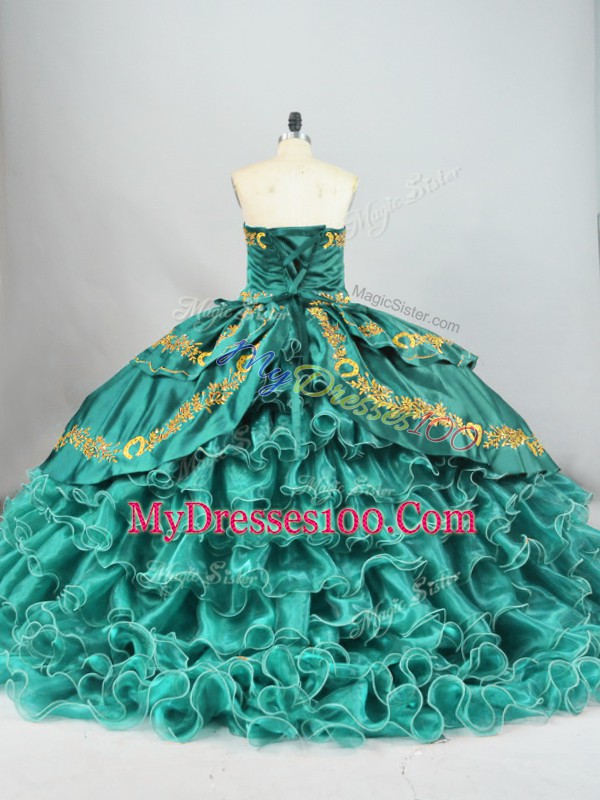 Beautiful Sleeveless Brush Train Lace Up Embroidery and Ruffled Layers Sweet 16 Dress