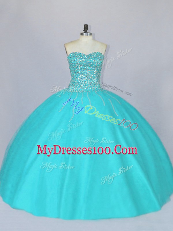 Fine Aqua Blue Sleeveless Floor Length Beading Lace Up Ball Gown Prom Dress