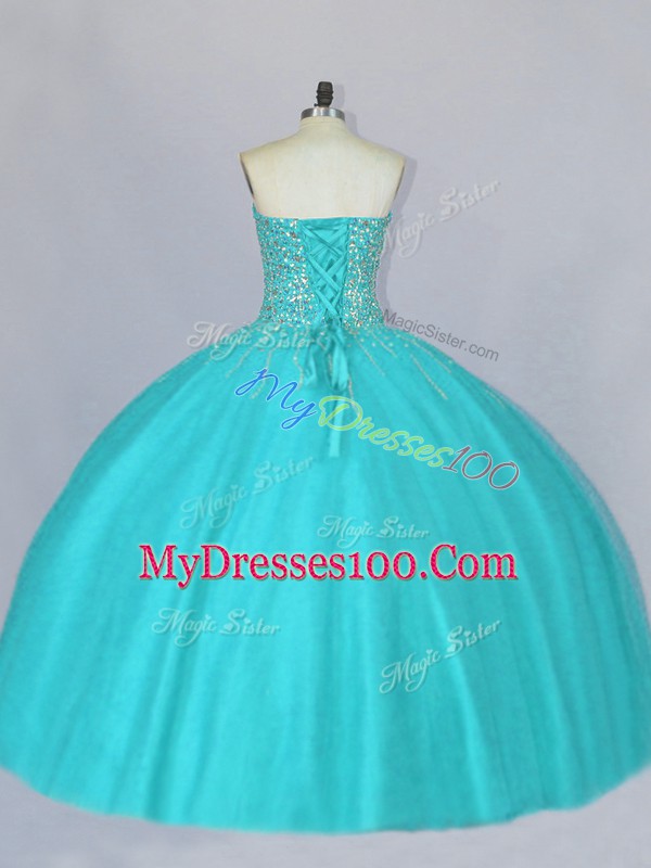 Fine Aqua Blue Sleeveless Floor Length Beading Lace Up Ball Gown Prom Dress