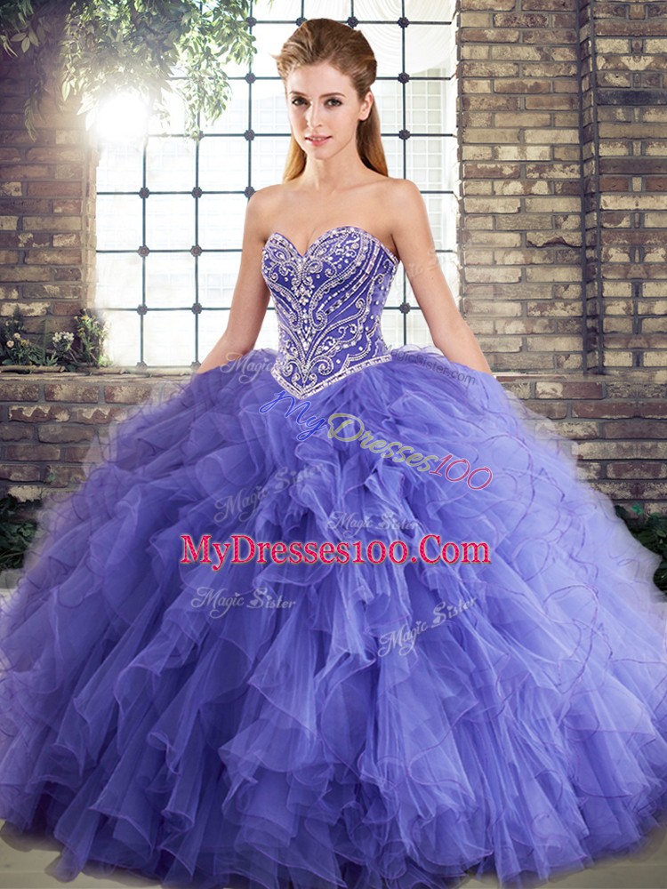 Nice Lavender Ball Gowns Beading and Ruffles Ball Gown Prom Dress Lace Up Tulle Sleeveless Floor Length