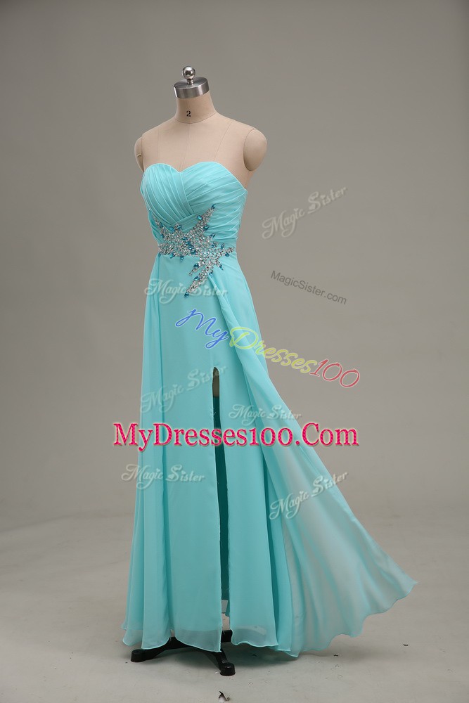 Aqua Blue Chiffon Zipper Evening Dress Sleeveless Floor Length Appliques and Ruching