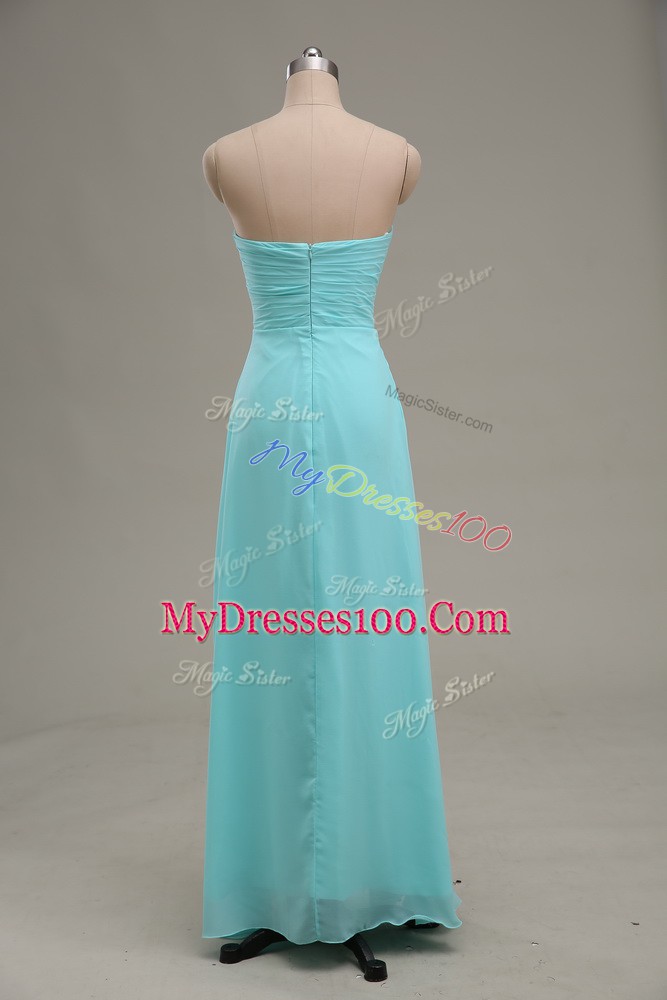 Aqua Blue Chiffon Zipper Evening Dress Sleeveless Floor Length Appliques and Ruching
