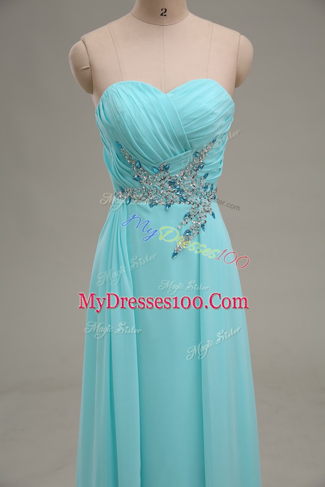 Aqua Blue Chiffon Zipper Evening Dress Sleeveless Floor Length Appliques and Ruching