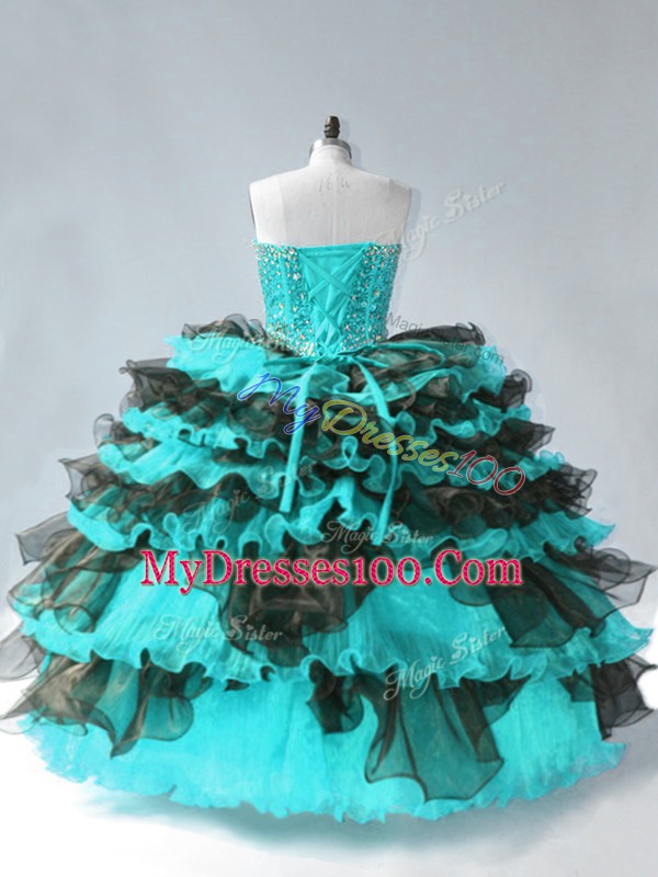 Blue And Black Ball Gowns Beading and Ruffled Layers Ball Gown Prom Dress Lace Up Organza Sleeveless Floor Length
