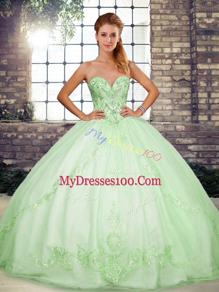 Low Price Apple Green Lace Up Ball Gown Prom Dress Beading and Embroidery Sleeveless Floor Length
