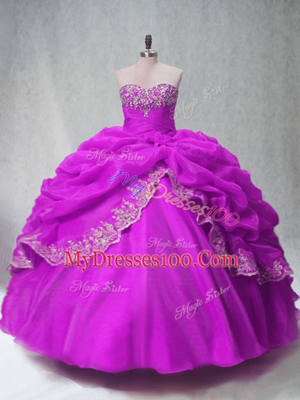 Fuchsia Sweetheart Neckline Beading and Appliques Ball Gown Prom Dress Sleeveless Lace Up