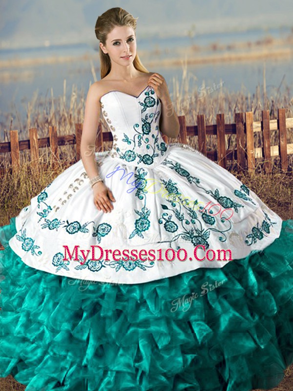 Best Selling Ball Gowns Sweet 16 Quinceanera Dress Turquoise Sweetheart Satin and Organza Sleeveless Floor Length Lace Up