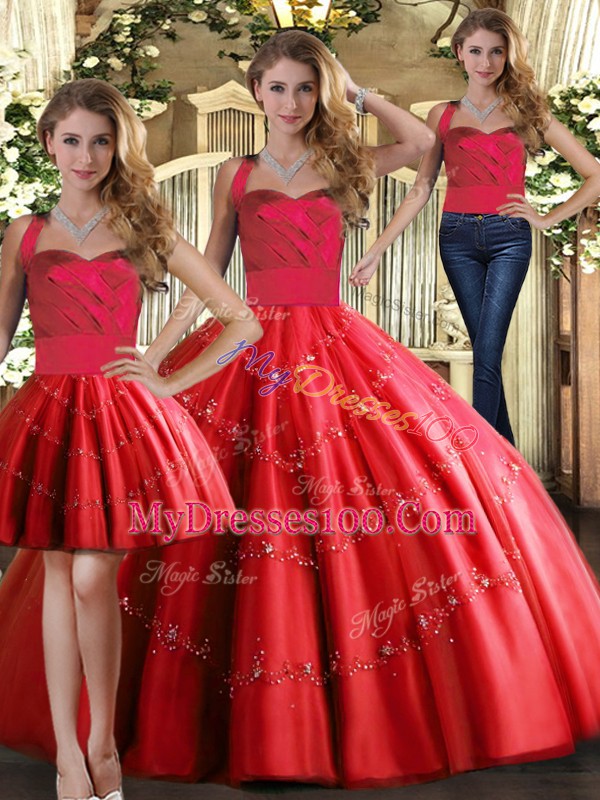 Inexpensive Halter Top Sleeveless Quinceanera Dress Floor Length Appliques Red Tulle