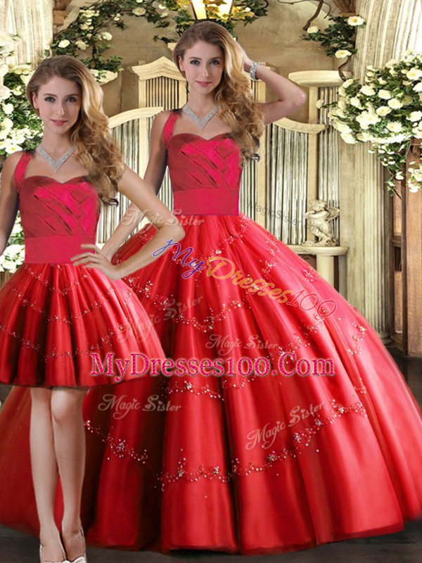 Inexpensive Halter Top Sleeveless Quinceanera Dress Floor Length Appliques Red Tulle